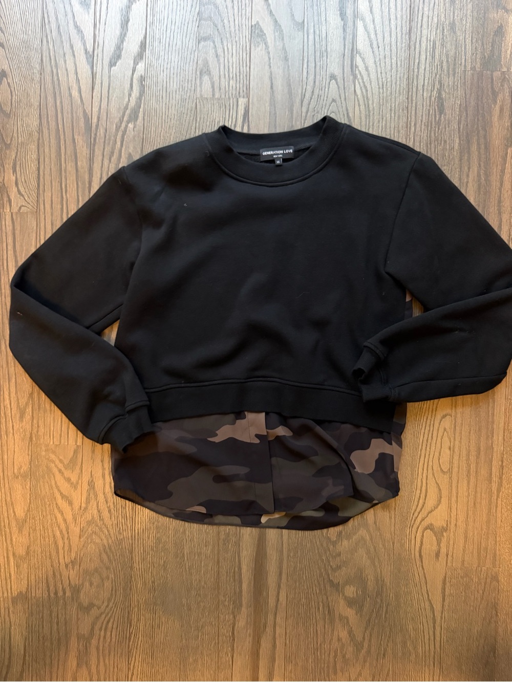 Generation Love Black Crewneck Sweater with Camo Hem and Back XS